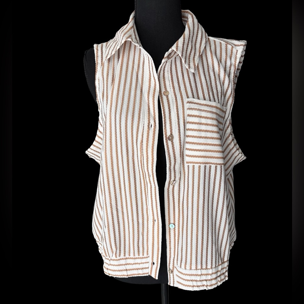 kathy ireland Cream and Brown Striped Knit Top